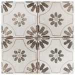 Merola Tile - Kings Blume Nero Ceramic Floor and Wall Tile - Capturing the appearance of an encaustic look, our Kings Blume Nero Ceramic Floor and Wall Tile features a slightly textured, matte finish, providing decorative appeal that adapts to a variety of stylistic contexts. Containing 7 different print variations that are randomly distributed throughout each case, this white square tile offers a one-of-a-kind look. With its semi-vitreous features, this tile is an ideal selection for indoor commercial and residential installations, including kitchens, bathrooms, backsplashes, showers, hallways, entryways and fireplace facades. This tile is a perfect choice on its own or paired with other products in the Kings Collection. Tile is the better choice for your space!