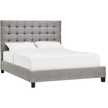 Platform Bed, Linen Upholstery & Grid Button Tufted Headboard, Gray, King