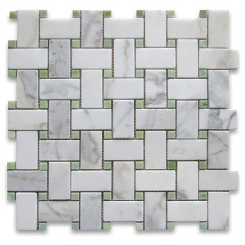 Calacatta 1X2 Marble Basketweave Mosaic With Green Dots, Polished, 10 sq.ft.