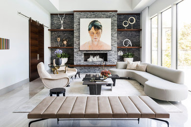 Trendy formal and enclosed gray floor living room photo in Houston with white walls, a ribbon fireplace and a stone fireplace