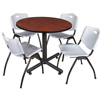 Kobe 36" Round Breakroom Table, Cherry and 4 'M' Stack Chairs, Gray