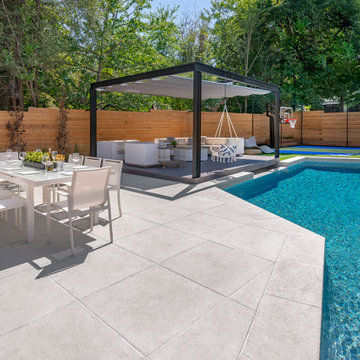 Elegant Backyard Landscaping Project with Sports Court & Pergola