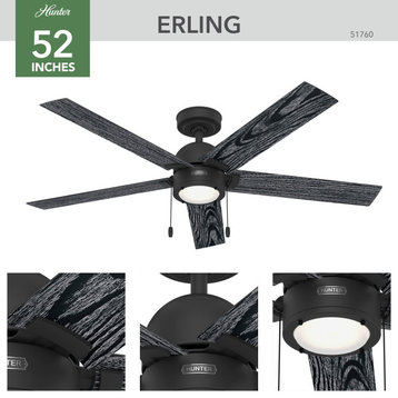 52" Erling Matte Black Ceiling Fan, LED Light Kit and Pull Chain