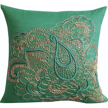 Green Throw Pillow Cover, Zardozi Indian Paisley 24"x24" Cotton, Paisley Seas