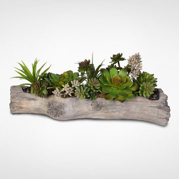 Artificial Succulents With Natural Rocks in Stone Log