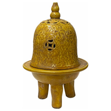 Chinese Yellow Mustard Rustic Ceramic Ding Incense Burner Display Hws1801
