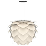 UMAGE - Aluvia Hardwired Pendant, Pearl/Black, Medium - Modern. Elegant. Striking. The VITA Aluvia is an artistic assemblage of 60 precision-cut aluminum leaves, overlapping each other on a durable polycarbonate frame. These metal leaves surround the light source, emitting glare-free, ambient light.  The underside of each leaf is painted white for increased light reflection, and the exterior is finished in one of two different colors: subtle Pearl or dramatic Anthracite. Available in two sizes, the Medium (18.9"H x 23.3"W) can be used as a pendant or hanging wall lamp, while the Mini (11.8"H x 15.7"W) is available as a pendant, table lamp, floor lamp or hanging wall lamp. Hang it over the dining table, position it in a corner, or use as a statement piece anywhere; the Aluvia makes an artistic impact in any room.