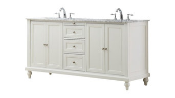 Classic 70" Pearl White Double Vanity, Top: Carrara Marble, With Mirror