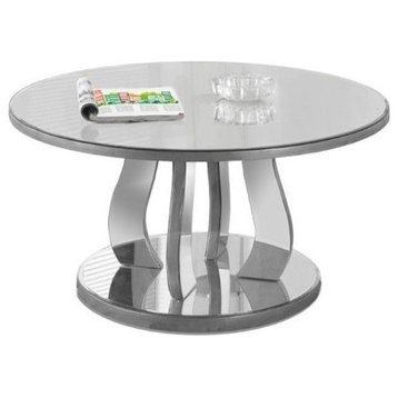 Pemberly Row Mirrored Glass Coffee Table in Brushed Silver