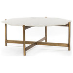 Four Hands - Adair Coffee Table-Raw Brass - Opposites do tend to attract. A leggy base in rough, raw brass-finished aluminum plays up a refined, precisely shaped white marble top.