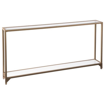Maklaine Modern Narrow Metal Console in Gold with White Glass
