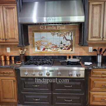 Farmhouse Country Kitchen with vineyard tile mural backsplash