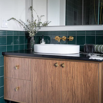Mission Bathroom Vanity - Walnut Cabinet, Vessel Sink & Brass Wall Faucet