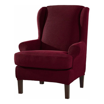Subrtex 2-Pieces Spandex Elastic Wingback Chair Cover Waffle Fabric, Wine
