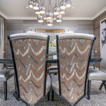 Transitional Dining Room with wallpaper in a neutral color palette