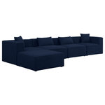 Meridian Furniture - Cube Upholstered Modular Sectional, Navy, 5-Piece: 2 Armless Chair, 2 Corner Chair, 1 Ottoman, Linen Texured Fabric - Treat yourself to some long overdue "me time" when you're seated on this Cube 5-Piece Modular Sectional. This beautiful modular unit is both eye-catching and elegant, features durable linen textured upholstery in a soft navy color that meshes well with nearly any existing color scheme. Pair this modular Sectional with other items in the same collection to create an unlimited number of combinations and enjoy the custom seating arrangement of your dreams. Latches underneath make it easy to attach pieces to one another.