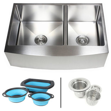 33" Apron Stainless Steel Curve Front 60/40 Double Bowl Kitchen Sink/Colanders