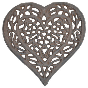 Decorative Cast Iron Trivet, Ornate Floral Heart, 6.5"