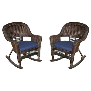 Jeco Rocker Wicker Chair in Espresso with Blue Cushion (Set of 2) Brown