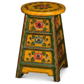 Distressed Yellow and Green Tibetan Stool With Drawers