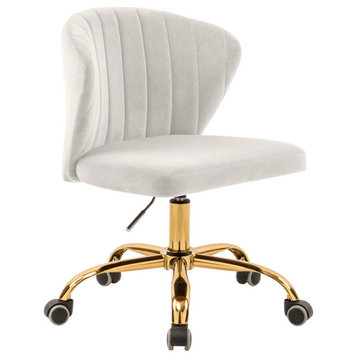 Finley Swivel and Adjustable Velvet Upholstered Office Chair, Cream, Gold Base