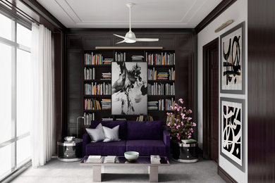 Large transitional enclosed carpeted living room library photo in New York with no fireplace and no tv