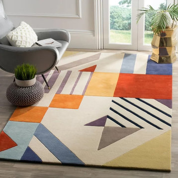Transitional Area Rug, Multicolored Retro Geometric Patterned Wool, 7' Square