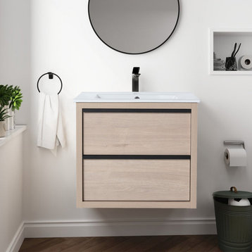 Bathroom Vanity With 2/3 Soft Close drawers, 24 in, With White Ceramic Basin