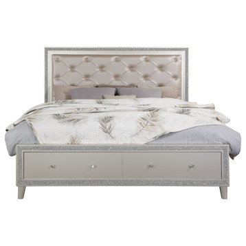 ACME Sliverfluff Eastern King Bed With Storage, PU and Champagne