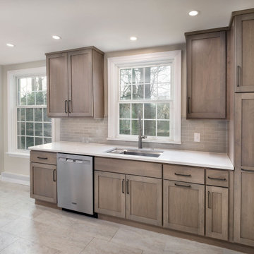 Warm Modern Transitional Kitchen| Natural Wood Cabinets, Quartz Peninsula