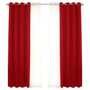 Gathered Sheer Linen and Blackout Curtain 4-Piece Set, Cardinal Red