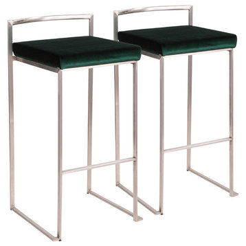 LumiSource Fuji Barstool, Stainless Steel With Green Velvet, Set of 2