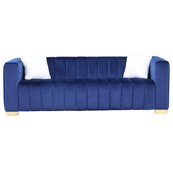 Modern Sofa, Soft Velvet Upholstery With Vertical Channel Tufting, Navy Blue