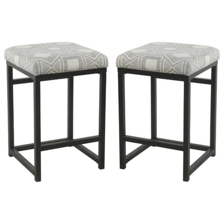 Home Square 24" Metal and Fabric Geometric Counter Stool in Charcoal - Set of 2