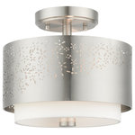 Livex Lighting - Brushed Nickel Stylish, Transitional, Intricate, Urban Semi Flush - The Noria collection combines an intricate organic laser cut brushed nickel steel frame which surrounds an off-white fabric shade creating a casual warm light with a touch of nature vibe. This dainty two-light semi flush mount will have a definitive presence in many areas of your home. You can place it in the kitchen, hallway or in a small bedroom.
