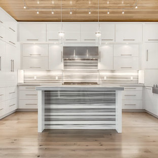 Ejemplo de cocina en U, actual, con armarios con paneles lisos, puertas de armario blancas, salpicadero multicolor, electrodomésticos de acero inoxidable, suelo de madera clara y una isla