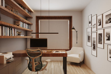 Study room - modern built-in desk brown floor study room idea in Dallas with brown walls and no fireplace