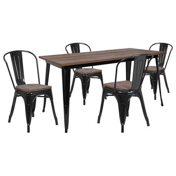 30.25" x 60" Black Metal Table Set with Wood Top and 4 Stack Chairs