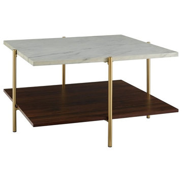 32 inch Square Coffee Table in Faux Marble and Gold