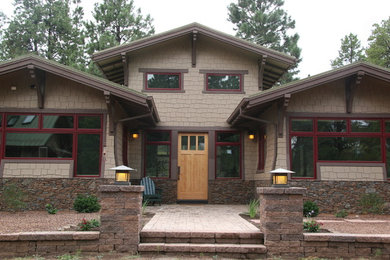 Single front door - craftsman single front door idea in Phoenix with a light wood front door