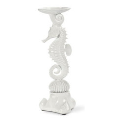 Tall Glossy White Seahorse Pillar Candle Holder - Candleholders
