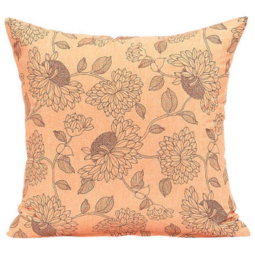 Peach Orange And Black Flower Pattern Throw Pillow Cover, 16"x16"