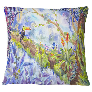 Jungle with Bird Toucan on Tree Landscape Printed Throw Pillow, 16"x16"
