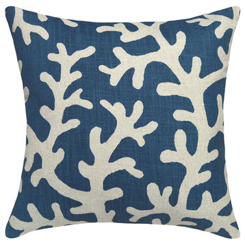 Coral Printed Linen Pillow With Feather-Down Insert, Navy Blue