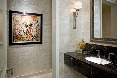 Inspiration for a large modern 3/4 limestone floor bathroom remodel in Boise with open cabinets, dark wood cabinets, marble countertops and beige walls