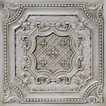 Elizabethan Shield Faux Tin Ceiling Tile - 24 in x 24 in, Pack of 10, #DCT 04, Antique White