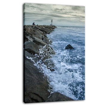 Splashing on the Jetty Coastal Landscape Photo Canvas Wall Art Print, 12" X 16"