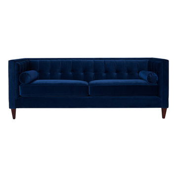 Jack Tuxedo Square Tufted Sofa with Bolster Pillows, 84", Navy Blue Velvet