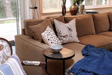 Living room - mid-sized transitional open concept carpeted living room idea in Seattle with a wall-mounted tv, white walls, a standard fireplace and a brick fireplace