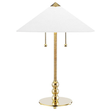 Hudson Valley Flare 2 Light Table Lamp, Brass/White Belgian Linen L1395-AGB